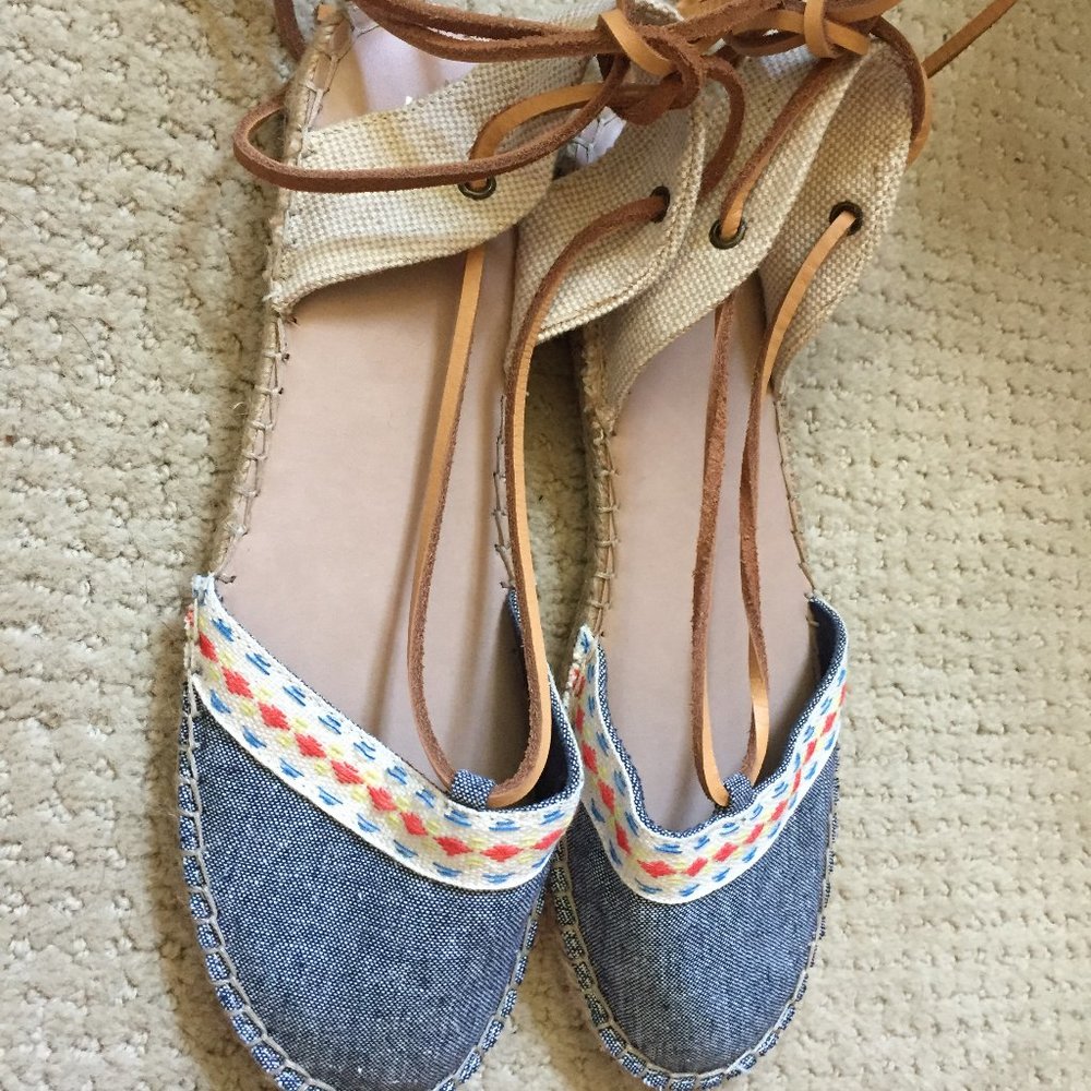 Mix No.6 Denim Blue Boho Ankle Tie Espadrille Flats Size 8